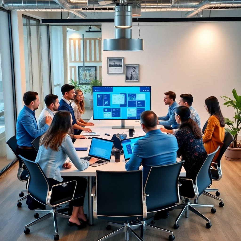 professional digital marketing team collaborating in Pune office, diverse strategists working on campaigns with laptops and digital displays, modern creative agency workspace, high-quality business photography