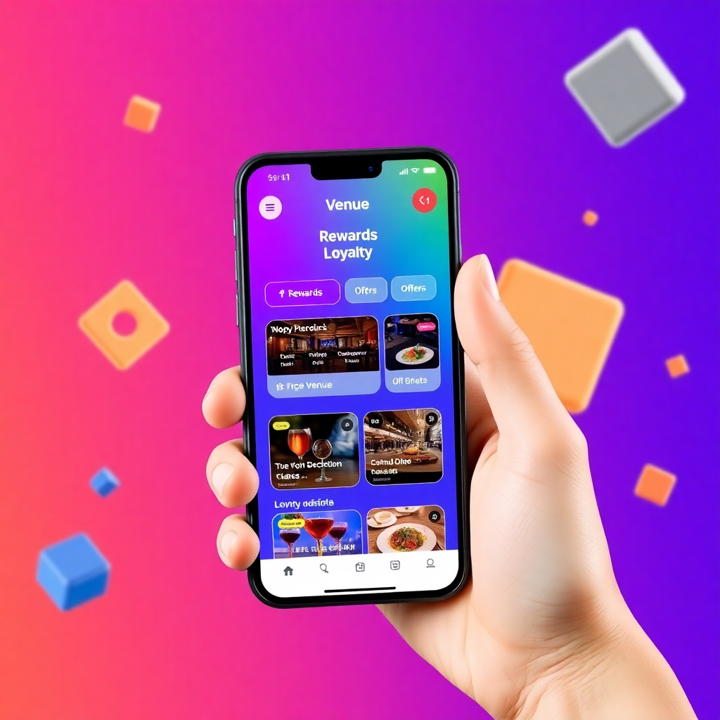 A hand holding a smartphone displaying a vibrant venue loyalty app. The app shows rewards, offers, and dining spots. The background is a dynamic purple and orange gradient with floating 3D elements like
