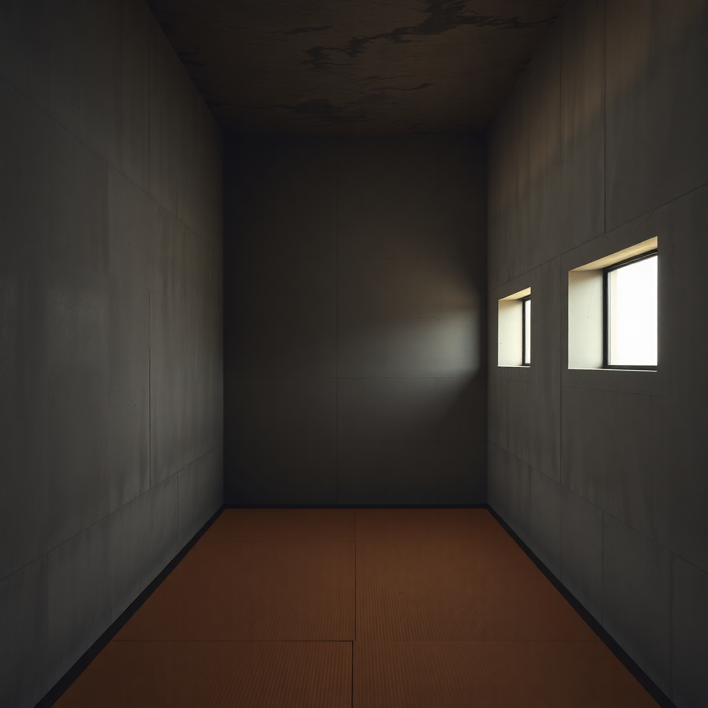 dramatic Japanese minimalist architecture interior, concrete walls, diffused natural light through narrow windows, tatami floor, zen aesthetic, editorial photography, high contrast, warm shadows, architectural digest quality
