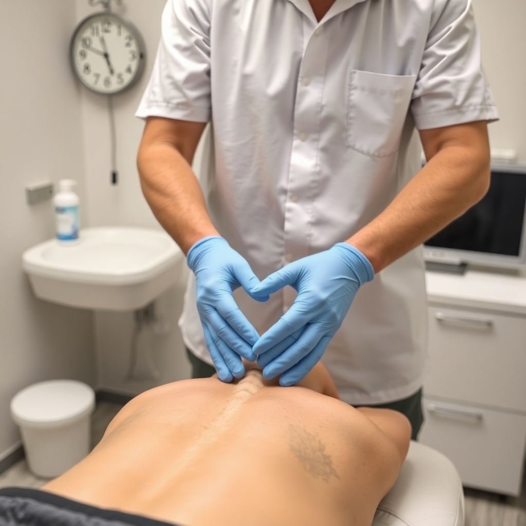 osteopath hands performing spinal manipulation therapy, hygienic medical setting, professional care