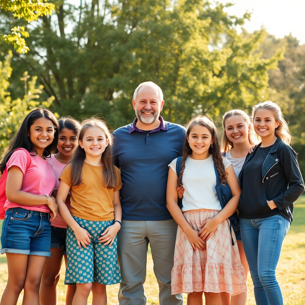 A diverse group of happy, confident youth standing together outdoors with a mentor, warm sunlight, empowering, professional photography