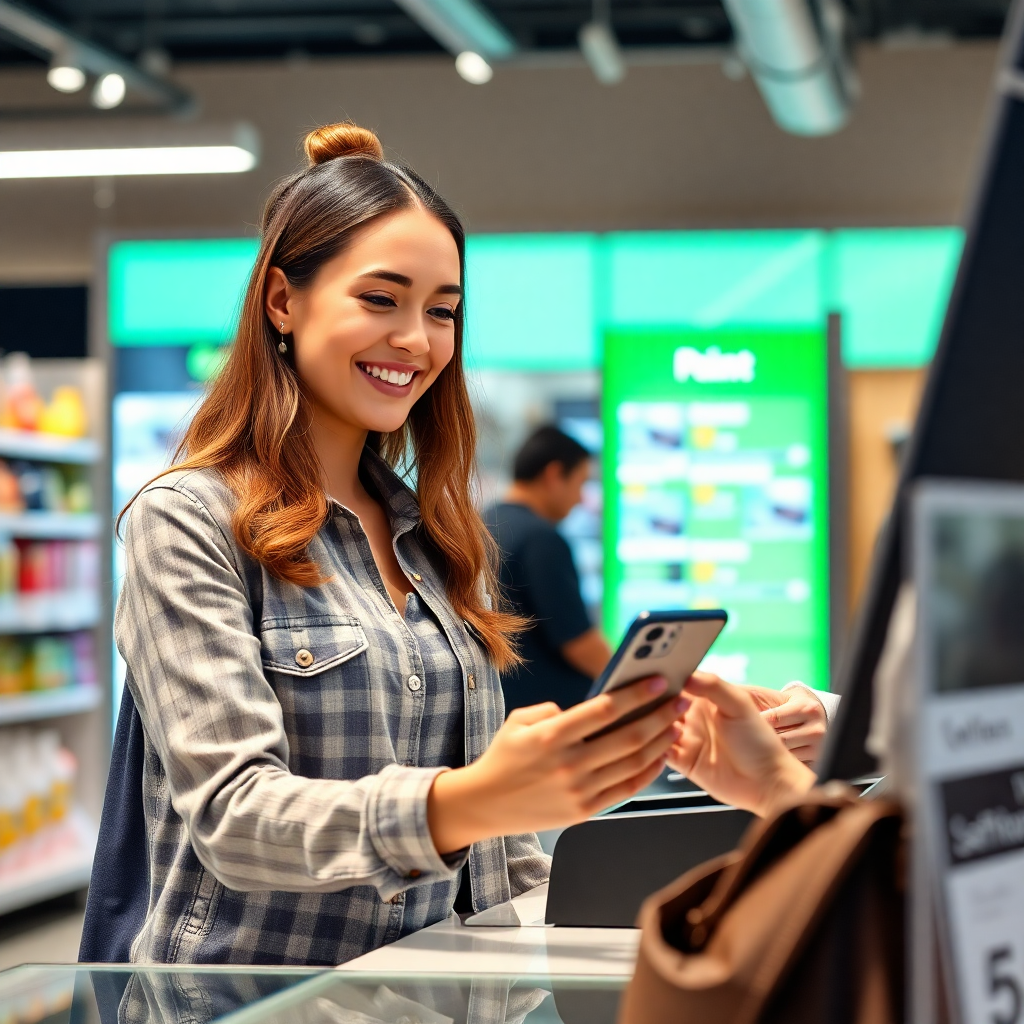A smiling woman at a retail checkout counter scanning her phone to redeem loyalty points, bright and happy scene