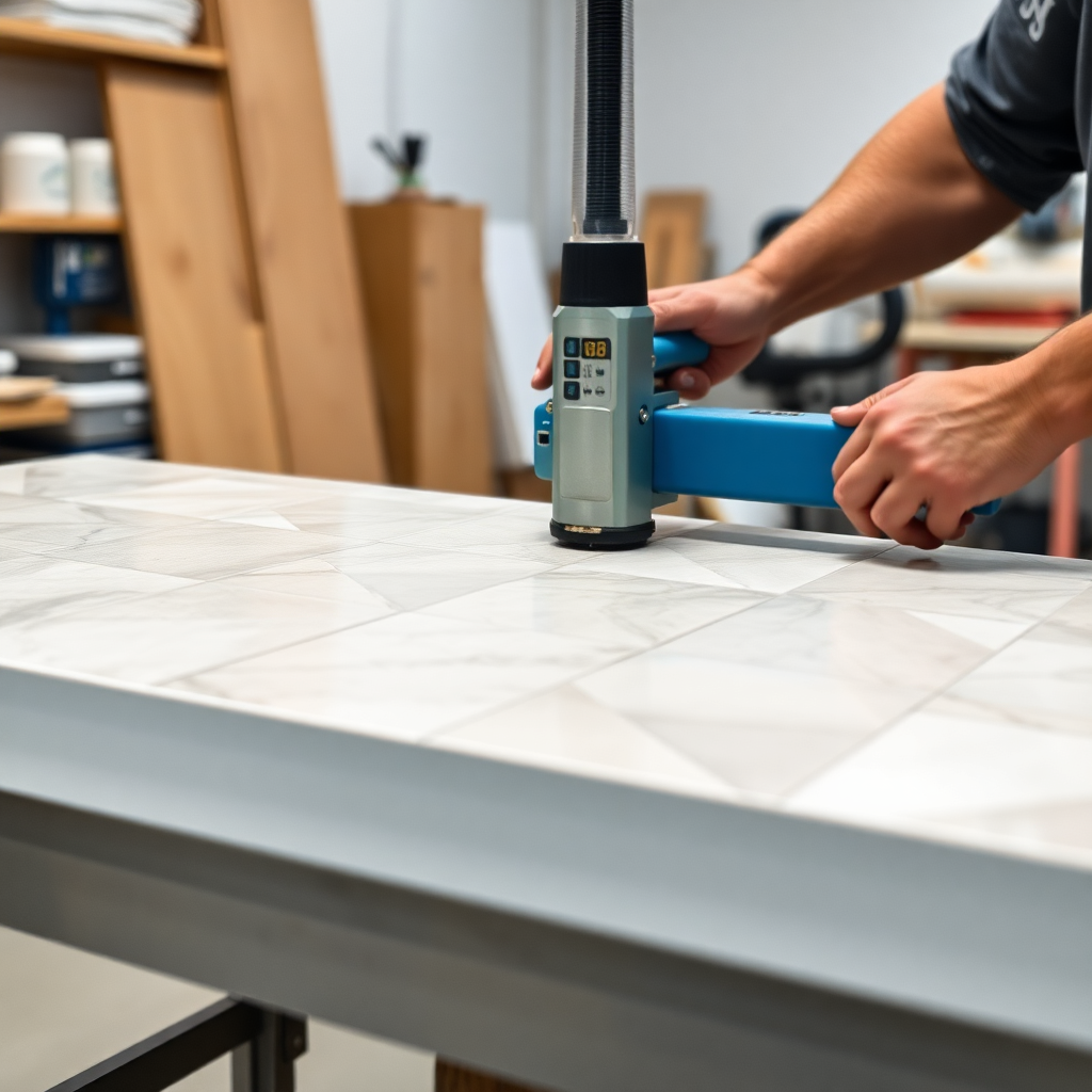 ceramic tile cutting at 45 degree angle, professional workshop, precision cutting equipment, perfect edge finish