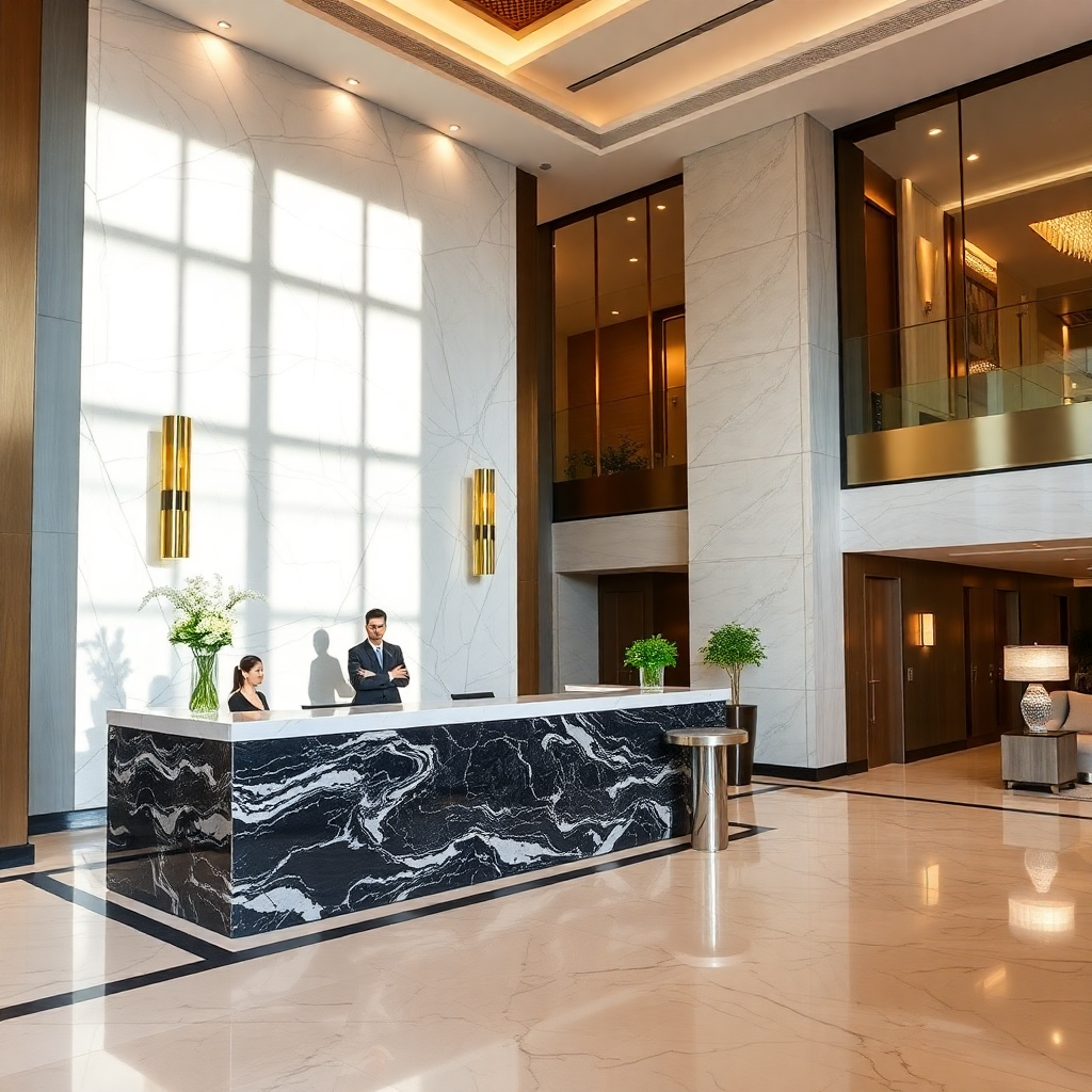 luxury hotel elegant reception lobby with marble desk, professional concierge staff, sophisticated interior design, warm lighting