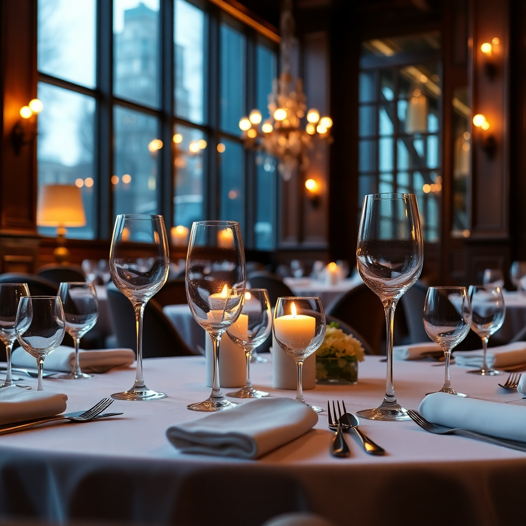 fine dining restaurant with elegant table settings, crystal glasses, candlelight ambiance, michelin star atmosphere