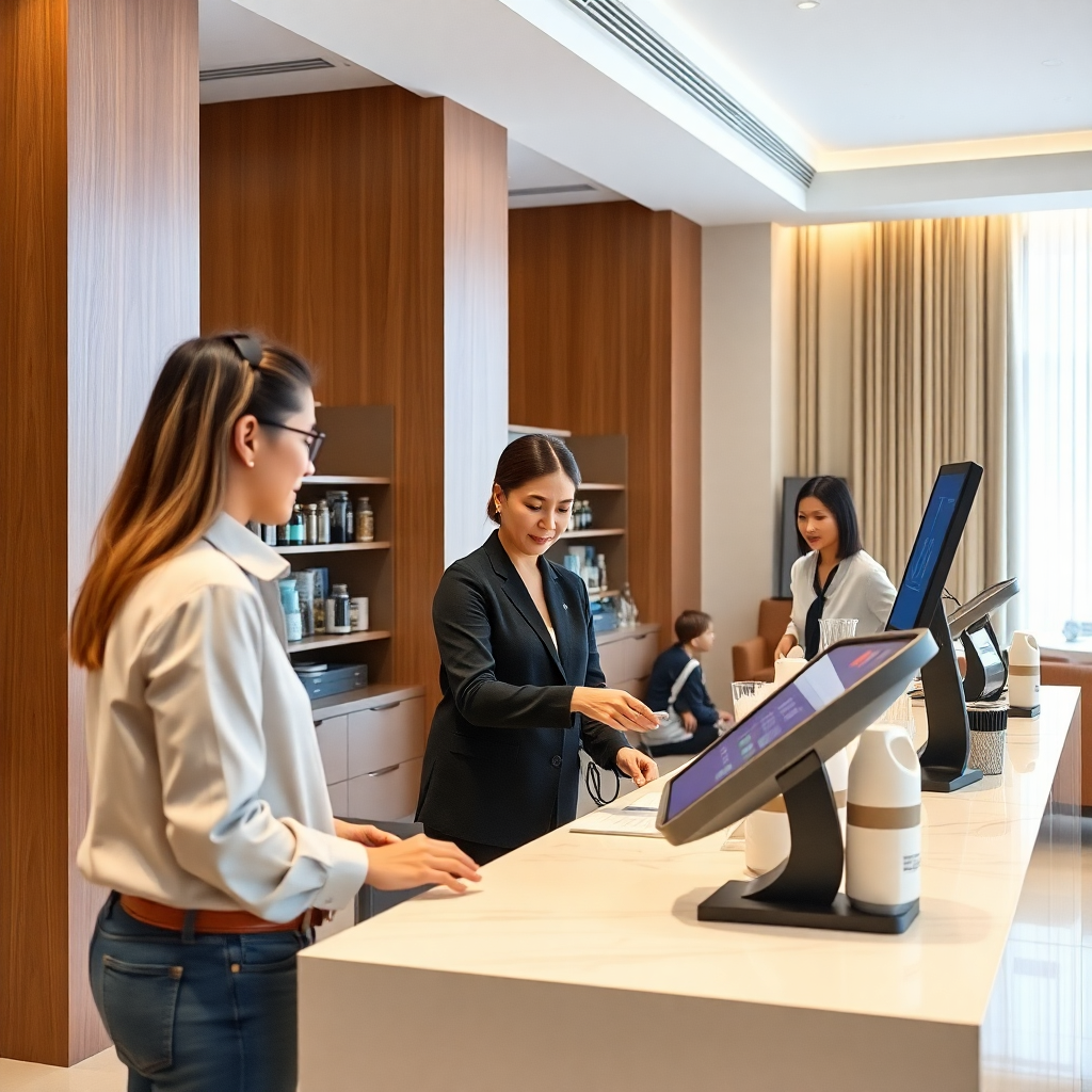 self-checkout counter in hotel lobby, guests scanning items, modern interface display