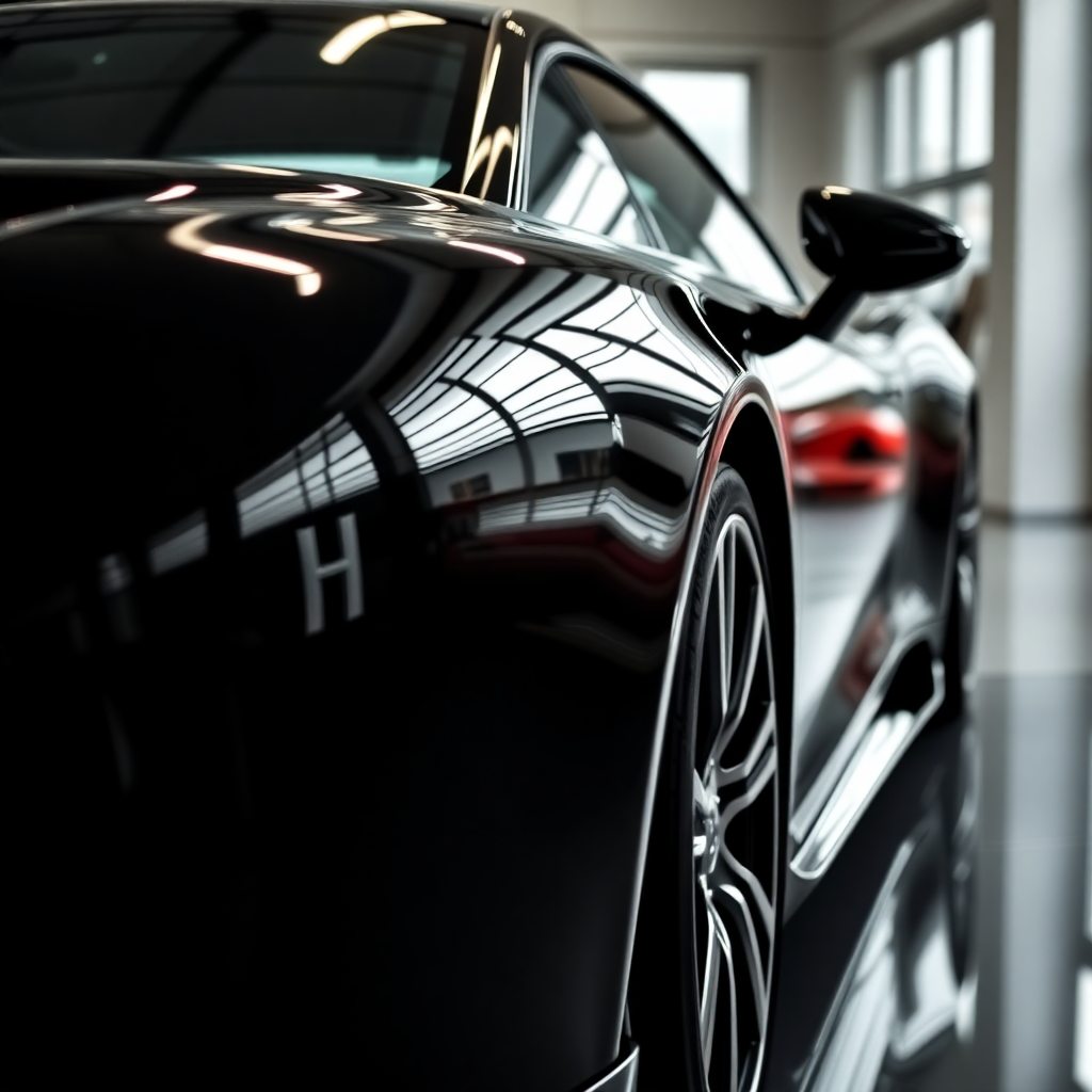 glossy luxury car with perfect reflection in modern garage