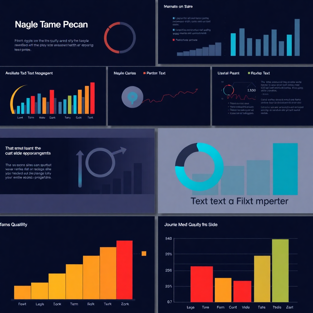 Close up of a professional slide layout with high quality charts and minimalist text placeholders, sleek dark theme