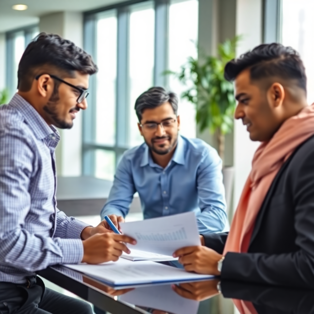 Indian professionals in modern office discussing financial documents, business meeting