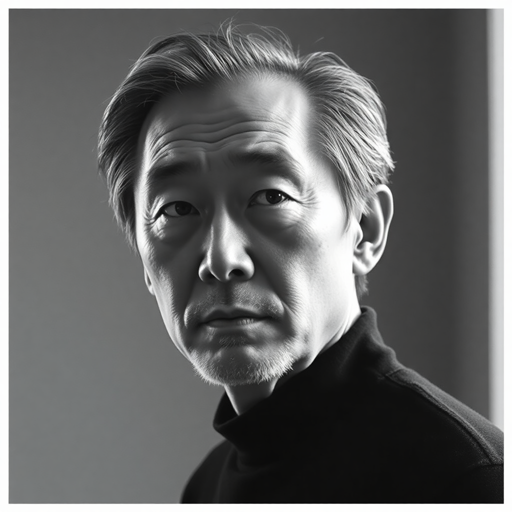 Japanese male architect in his 50s, experienced and intellectual portrait, serious contemplative expression, diffused natural light, monochrome editorial style, GA Houses Shinkenchiku aesthetic, dark minimalist clothing, neutral background, fine grain film photography look, premium architecture magazine portrait