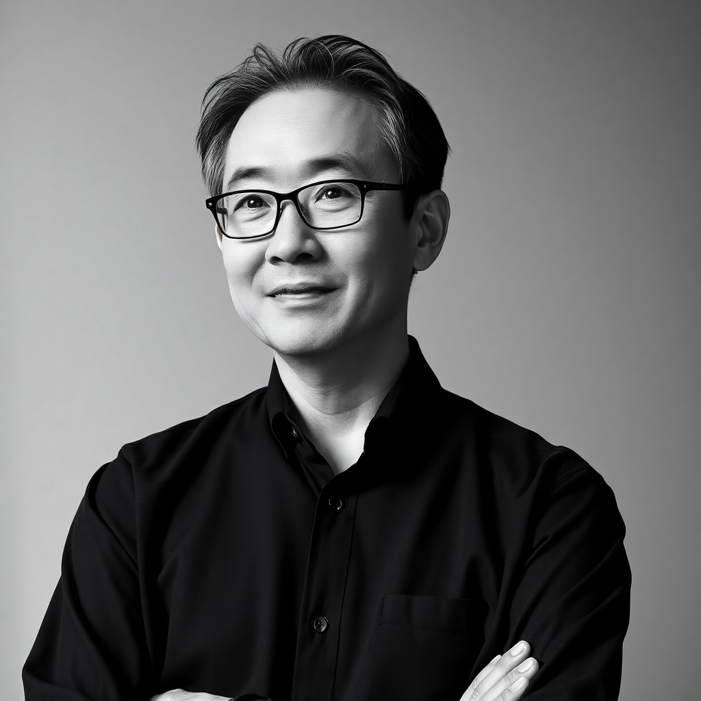 Japanese male architect in his 50s, professional portrait, intellectual expression, natural side lighting, monochrome editorial style, GA Houses magazine aesthetic, wearing simple dark architect clothing, neutral background, high contrast, muted tones, architectural photography portrait