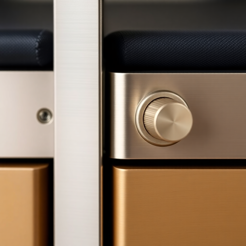 brushed metal hardware detail, precision engineering, subtle brass accents, quality craftsmanship