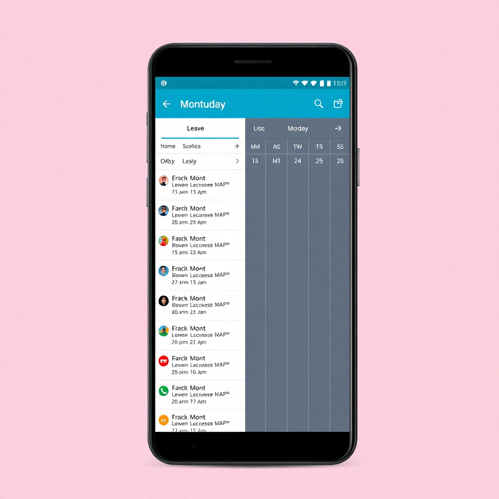mobile calendar view with leave schedules, Android material design, professional app interface