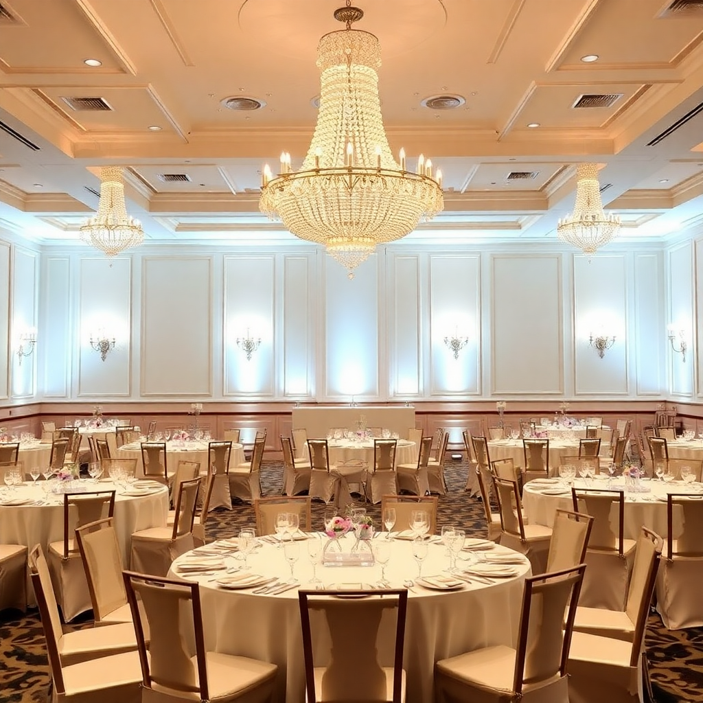 luxury wedding ballroom setup crystal chandeliers