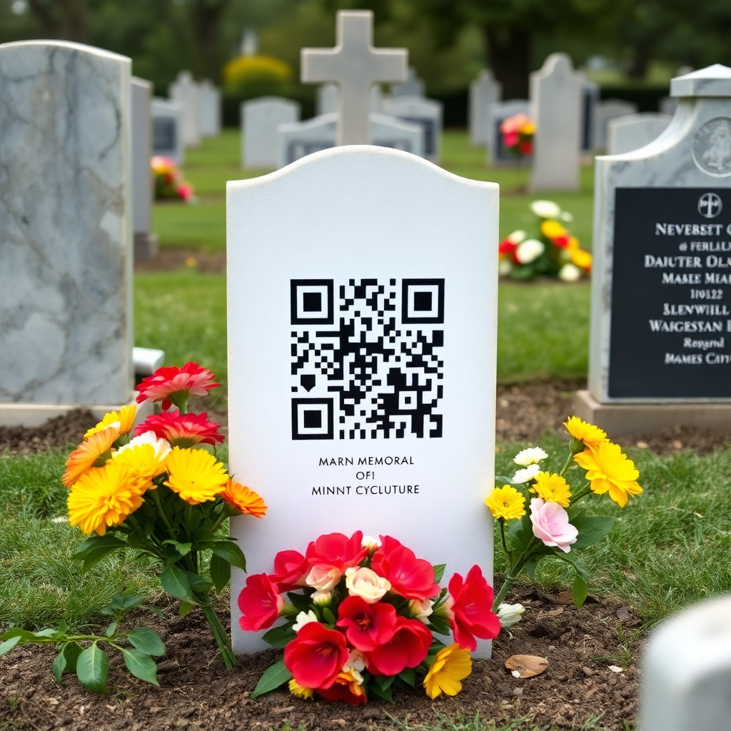 QR code memorial displayed at cemetery with flowers, respectful memorial scene