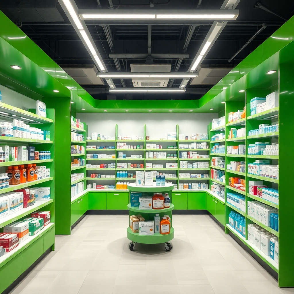 modern pharmacy store interior with green accents, bright lighting, clean shelves with medical products