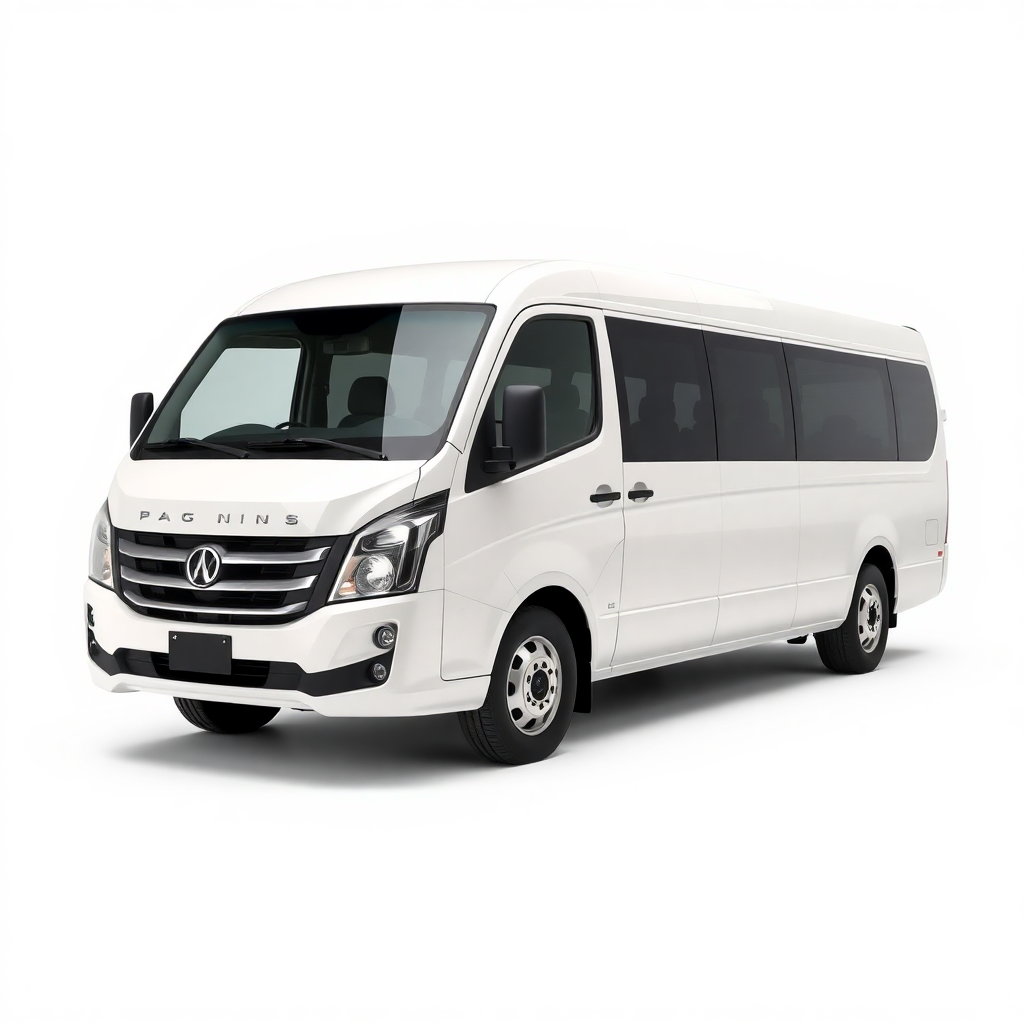 a modern white minibus, side-front view, on a clean white background, photorealistic studio shot