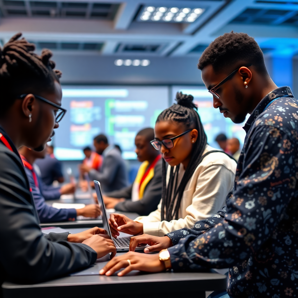 Nigerian tech students at hackathon event, collaborative problem-solving, innovation showcase