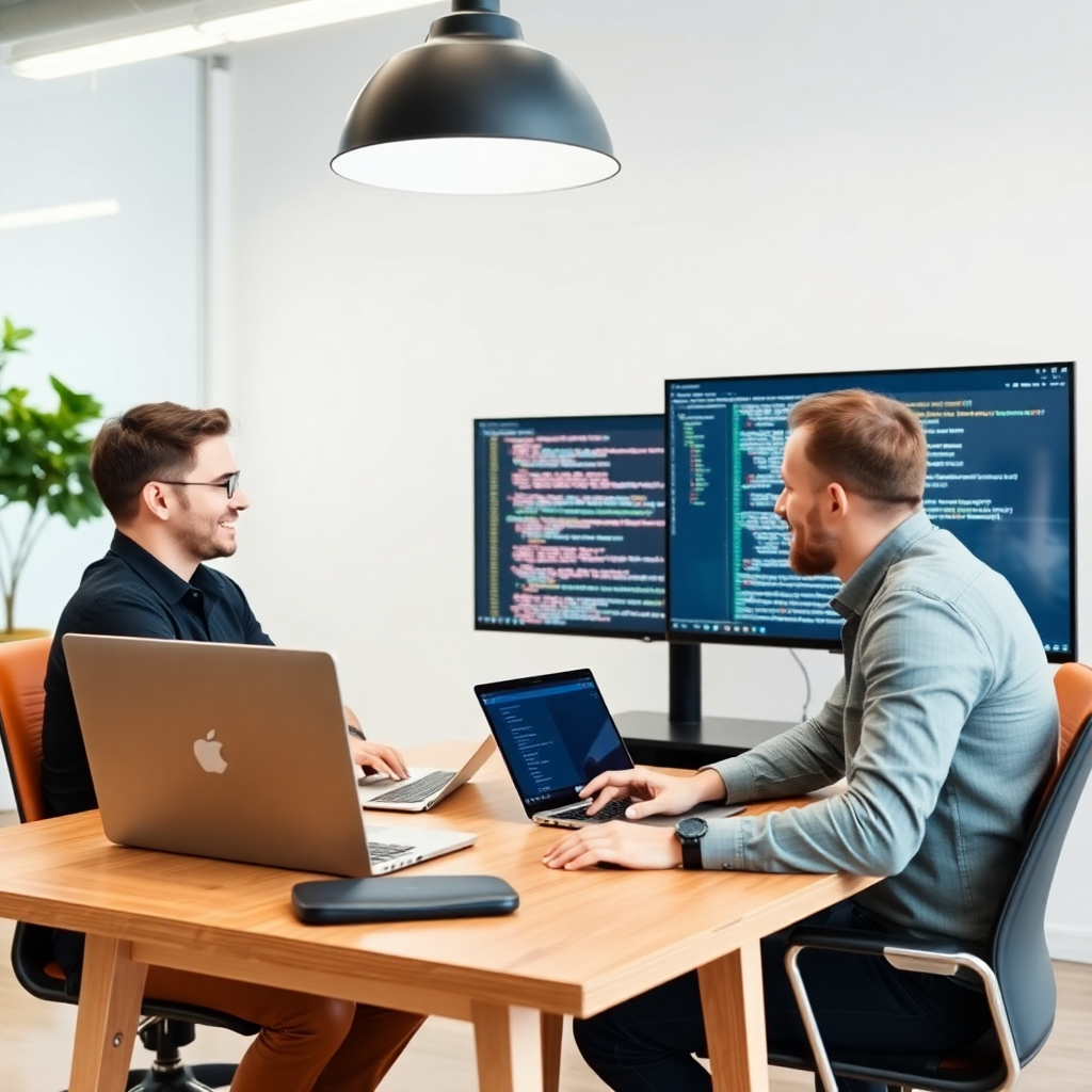 professional developer consultation meeting with laptops and code on screens, modern office setting
