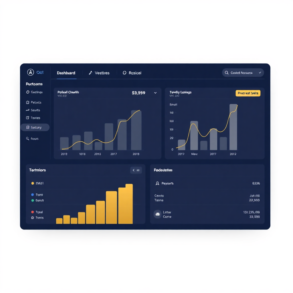 Modern minimal dashboard interface showing business growth charts, navy and gold accents, clean UI