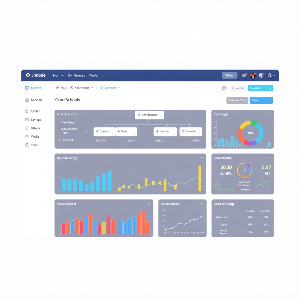 multi-school management dashboard showing organizational hierarchy, school performance metrics, centralized analytics, modern admin interface design