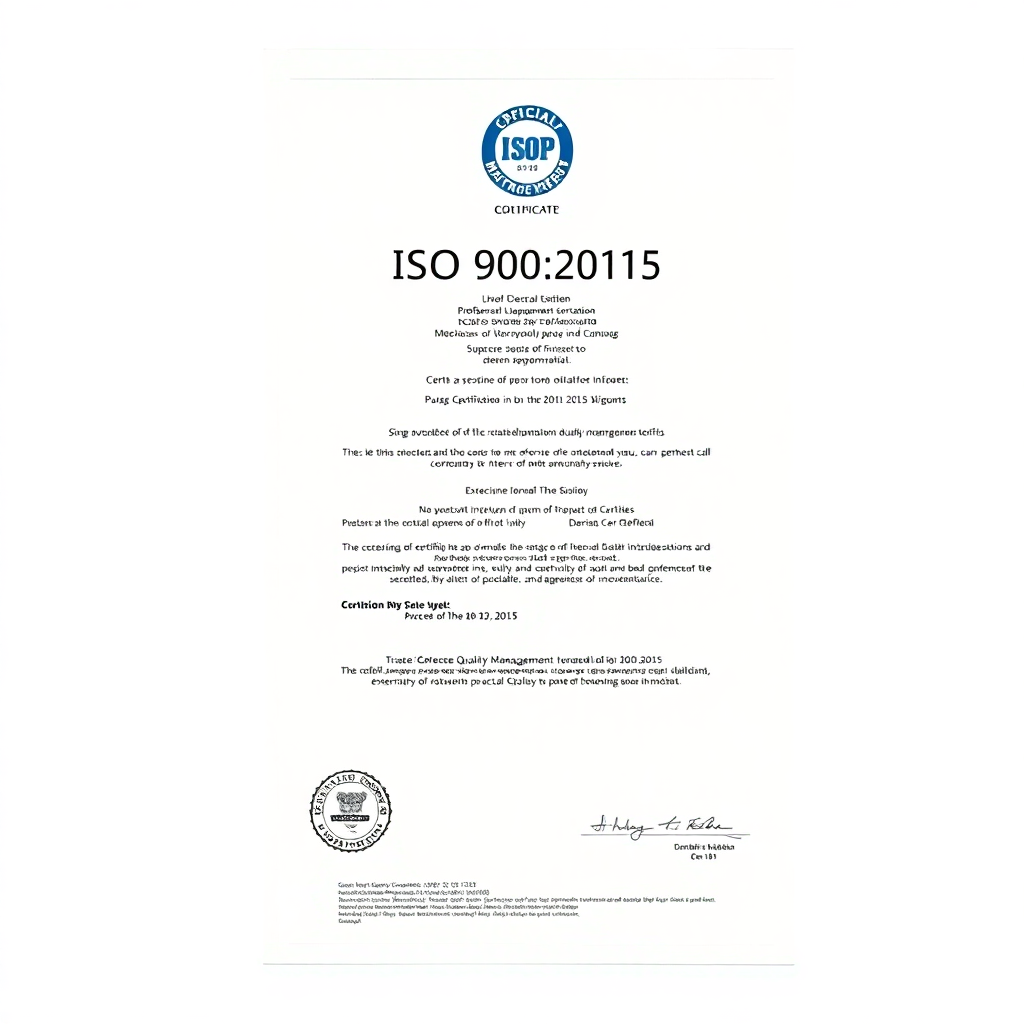 ISO 9001:2015 certificate document with official seal, professional quality management certification, clean white background