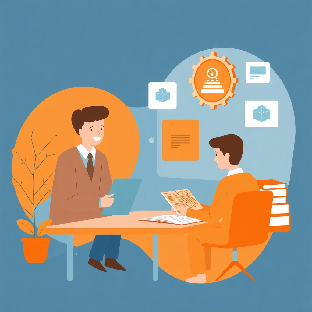 quality assurance education illustration with assessment, evaluation, compliance, accreditation, orange theme