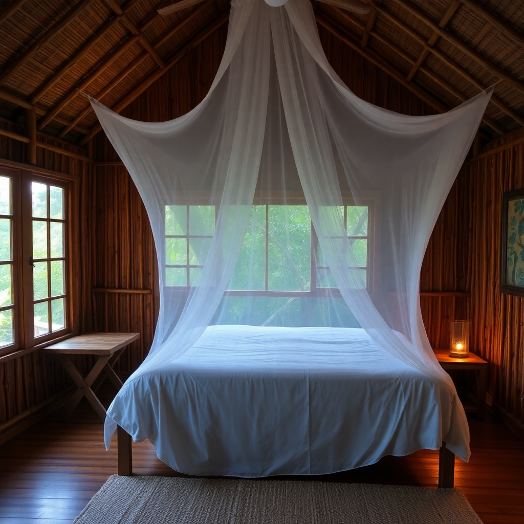 luxury eco bungalow bedroom madagascar, bamboo bed, white mosquito net, view of nature through window, warm lighting