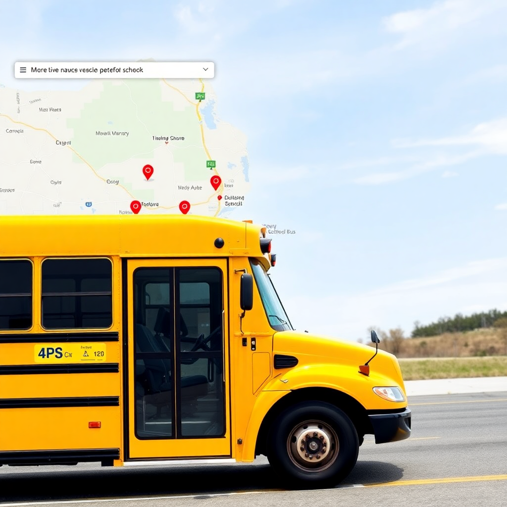 GPS bus tracking interface showing live school bus locations on map, route optimization, student pickup notifications, safety monitoring dashboard