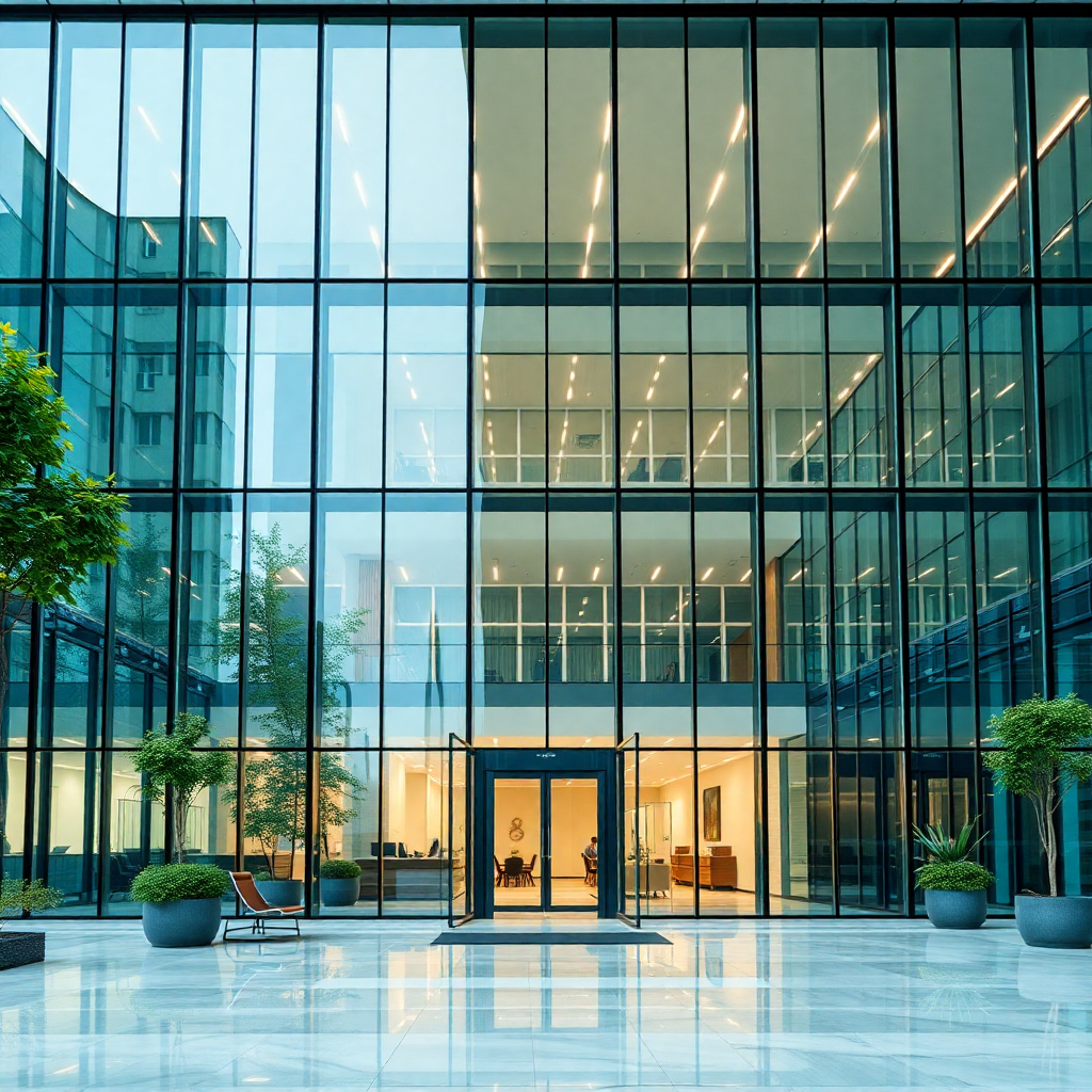 corporate office building with modern glass architecture, professional audit environment, high quality photography