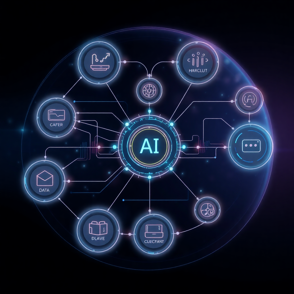 futuristic AI automation workflow diagram with connected systems, data flows, intelligent routing, seamless integrations