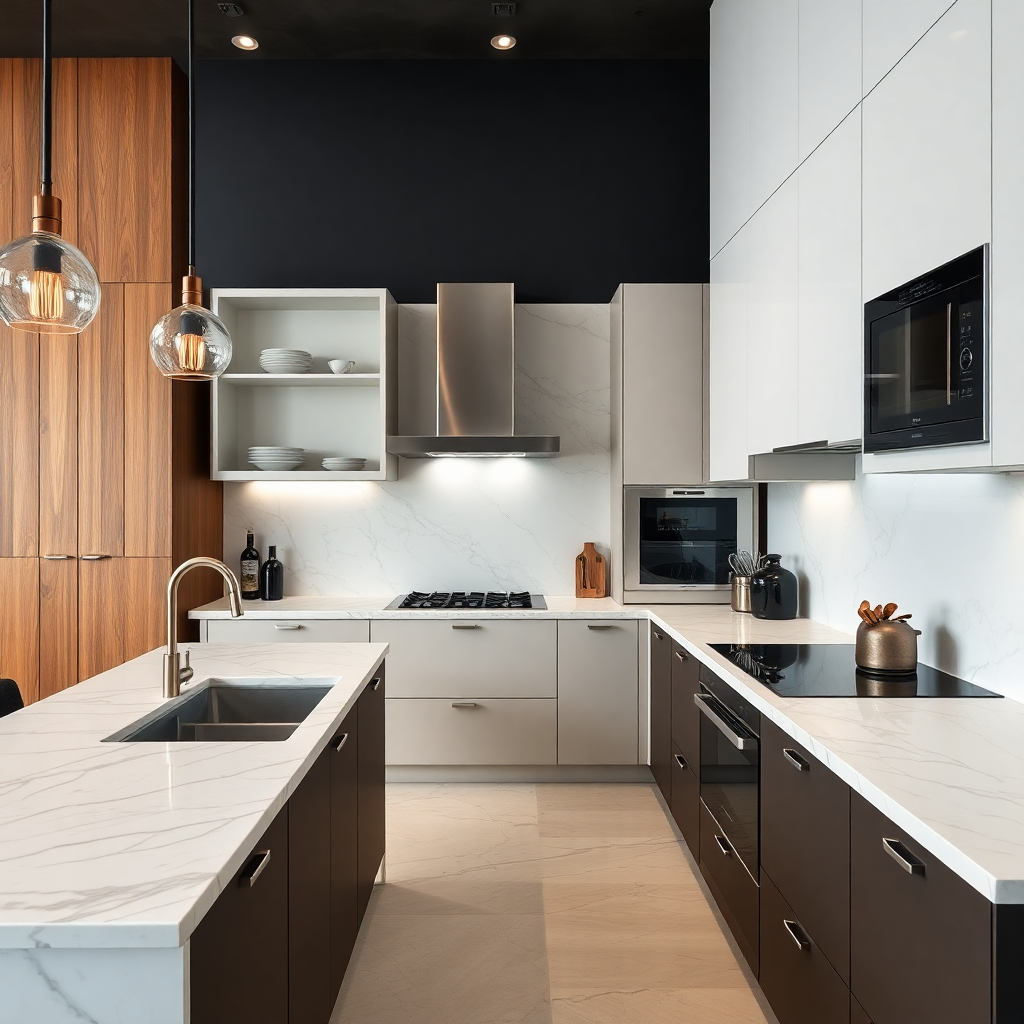 luxury kitchen with marble countertops and modern appliances