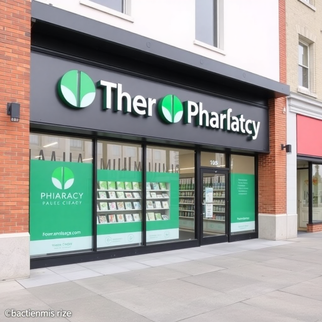 pharmacy storefront exterior with green branding, modern design