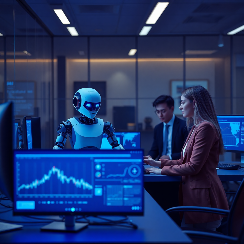 modern business office with AI robot assistant helping both a professional man and woman with data analytics on computers, three characters interacting, futuristic technology, blue and dark tones