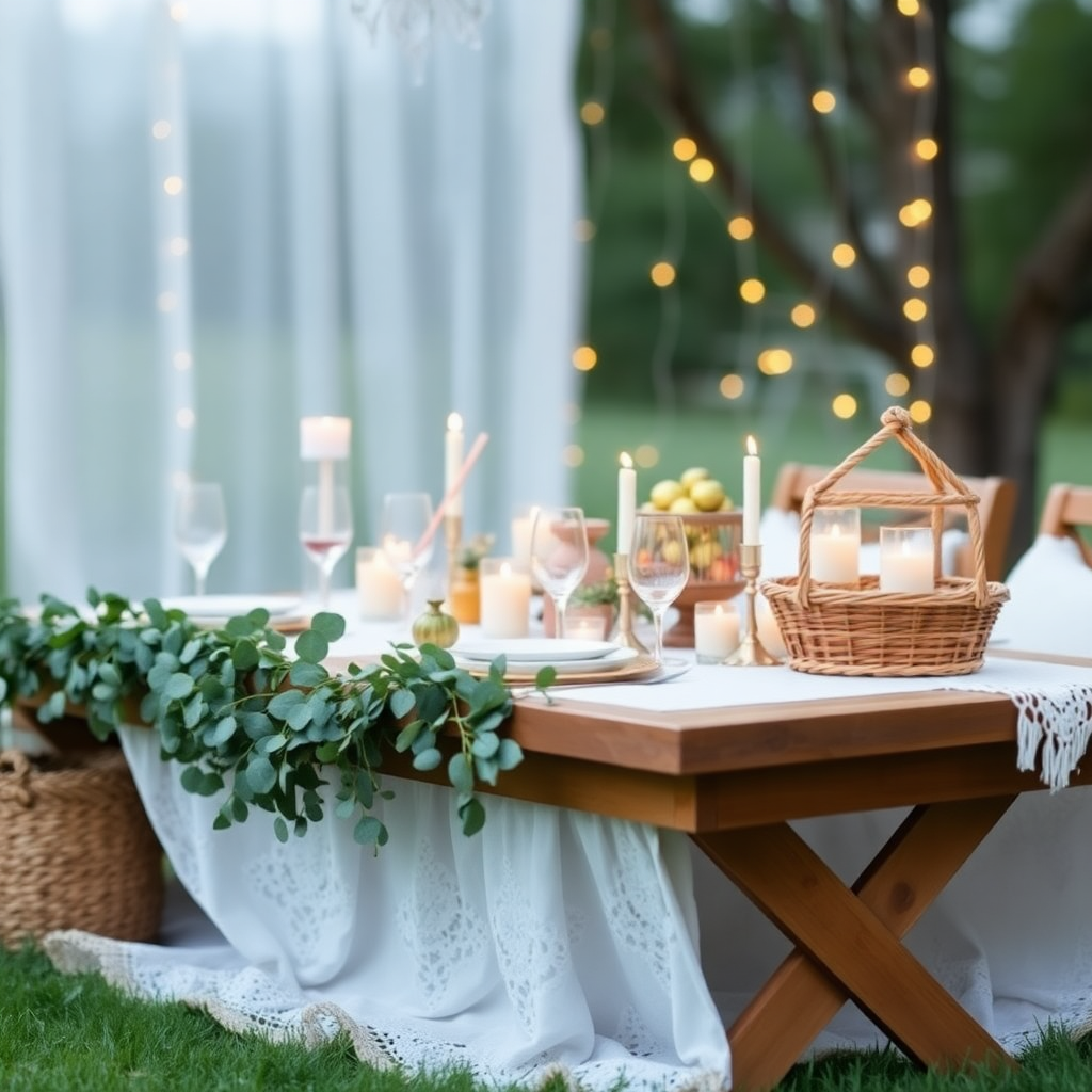 boho chic picnic setup, eucalyptus garland, lace details, warm fairy lights, timeless elegance for kids party