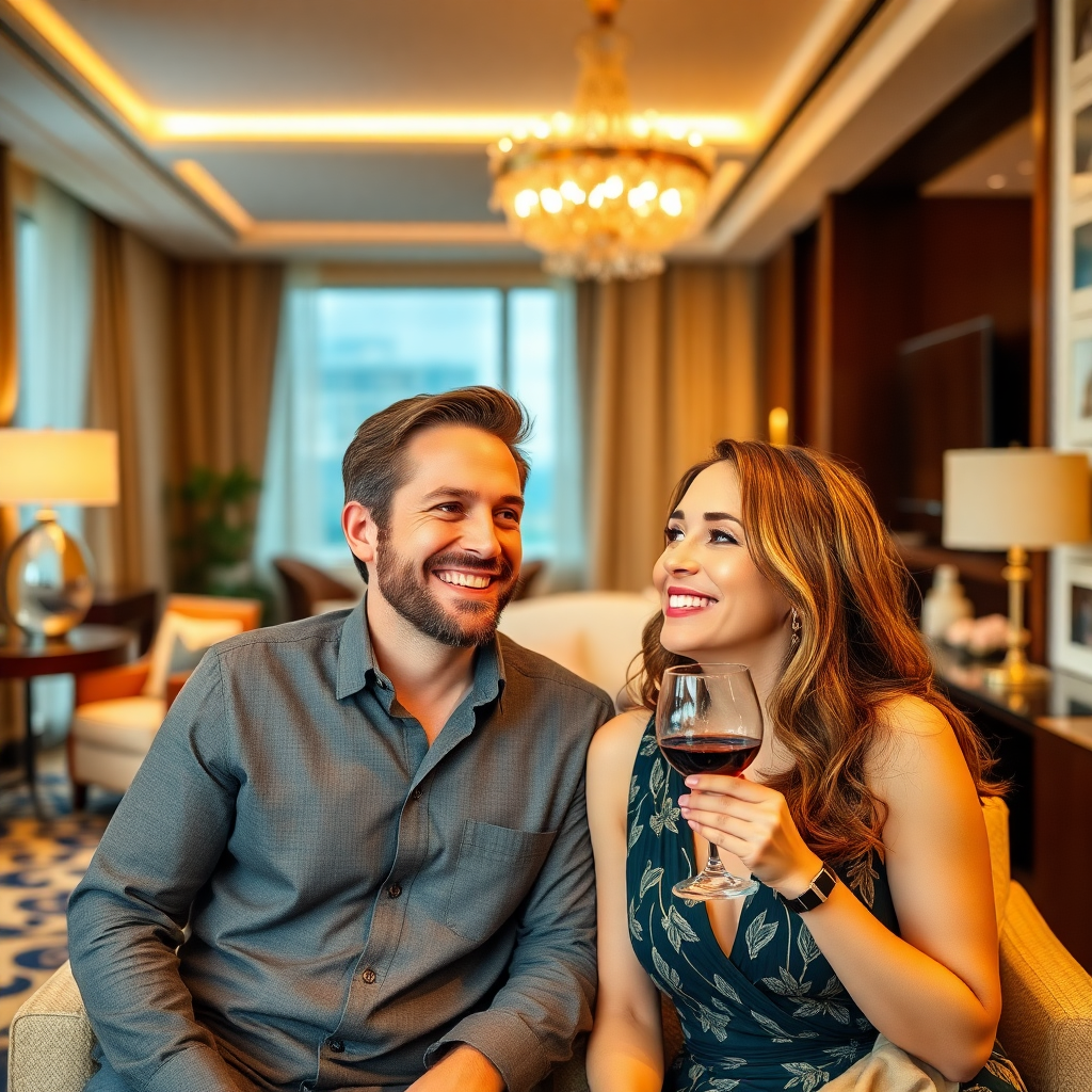 happy hotel guests enjoying luxury amenities, smiling couple in elegant hotel setting, premium hospitality experience