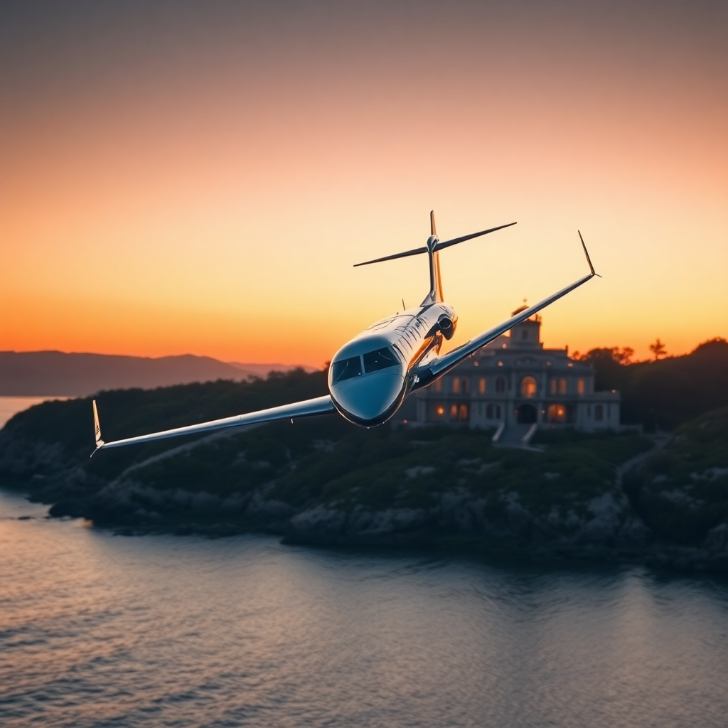 luxury private jet flying over coastal mansion at sunset, cinematic lighting