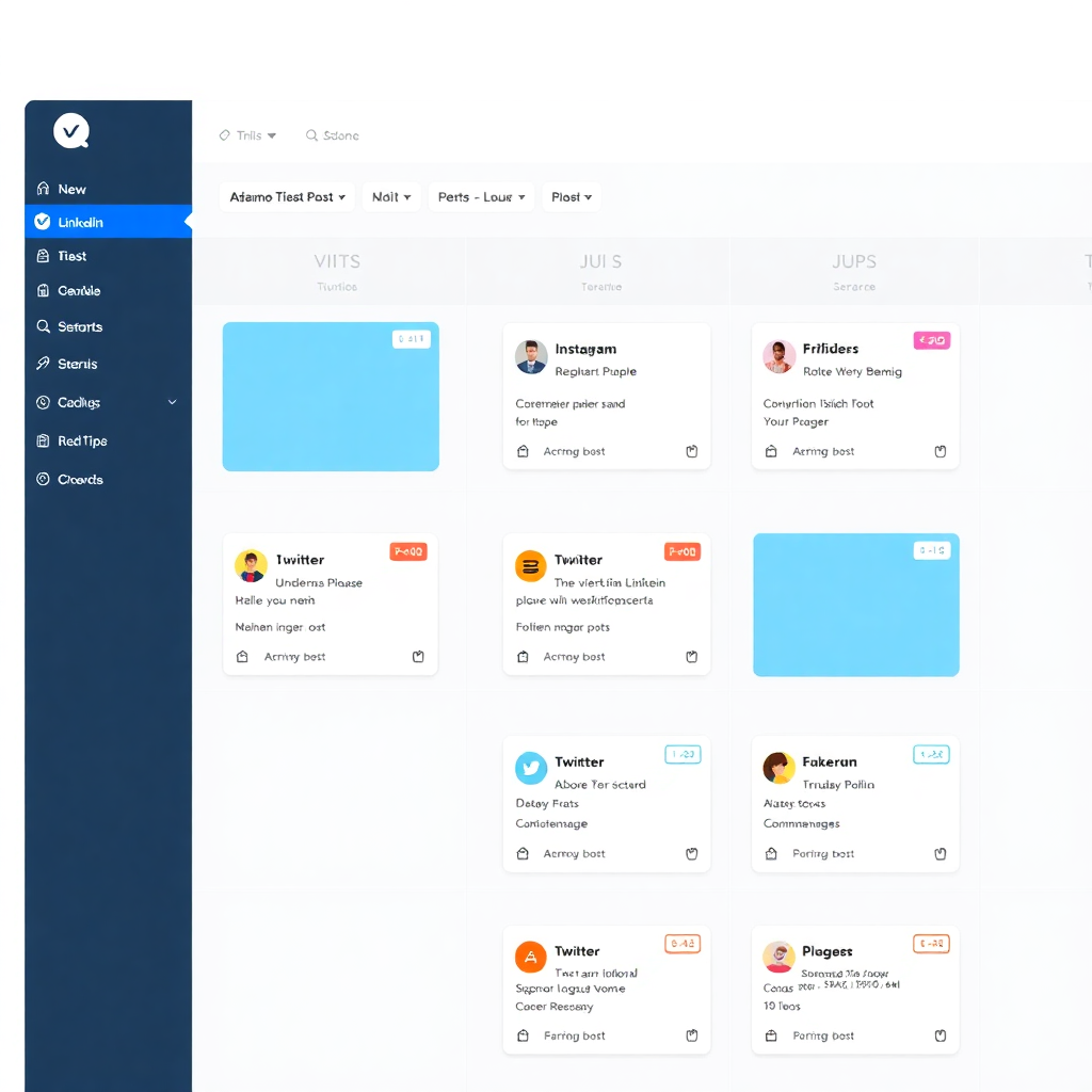 A clean, modern social media calendar UI dashboard showing scheduled posts for Instagram, LinkedIn and Twitter with colorful cards, drag and drop indicators, and a sidebar
