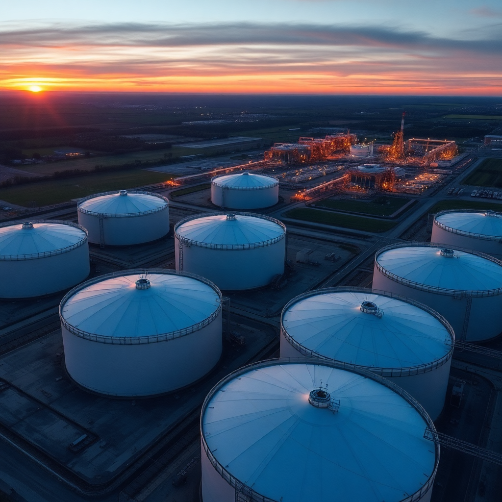 large oil storage tanks aerial view industrial facility sunset