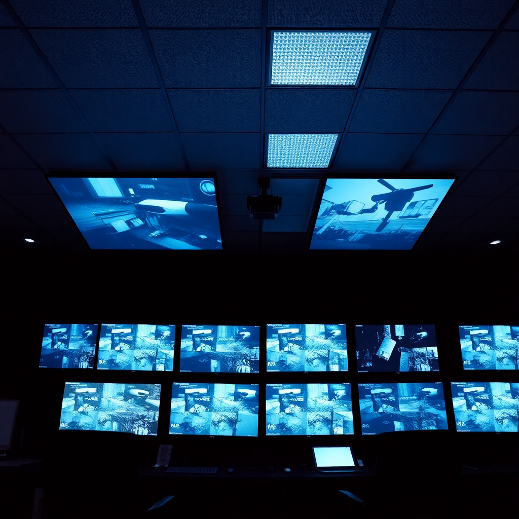 modern security control room with multiple monitors showing surveillance cameras, professional corporate security center, dark atmosphere