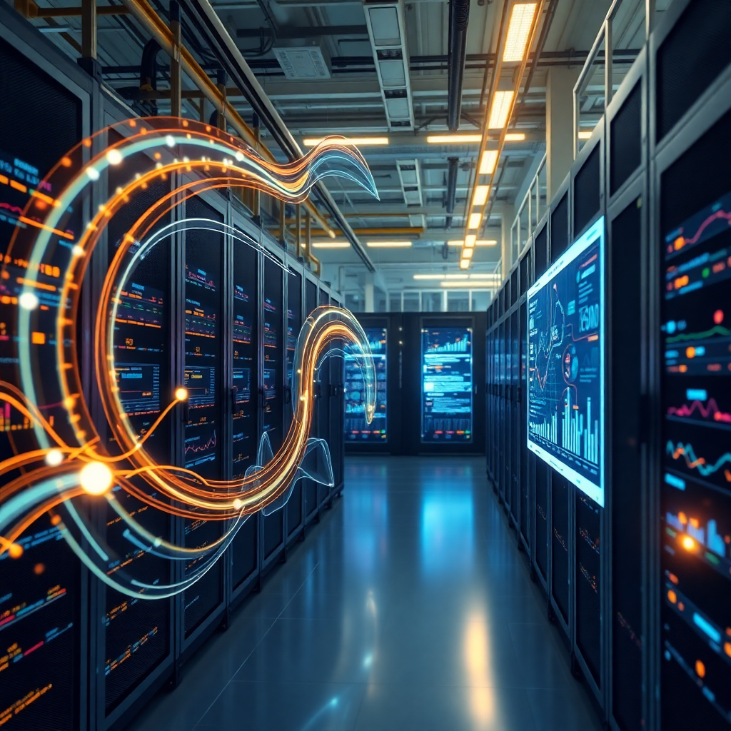 automated data processing facility with flowing data streams, server racks, holographic displays showing data analytics, futuristic warehouse setting with gold accent lighting