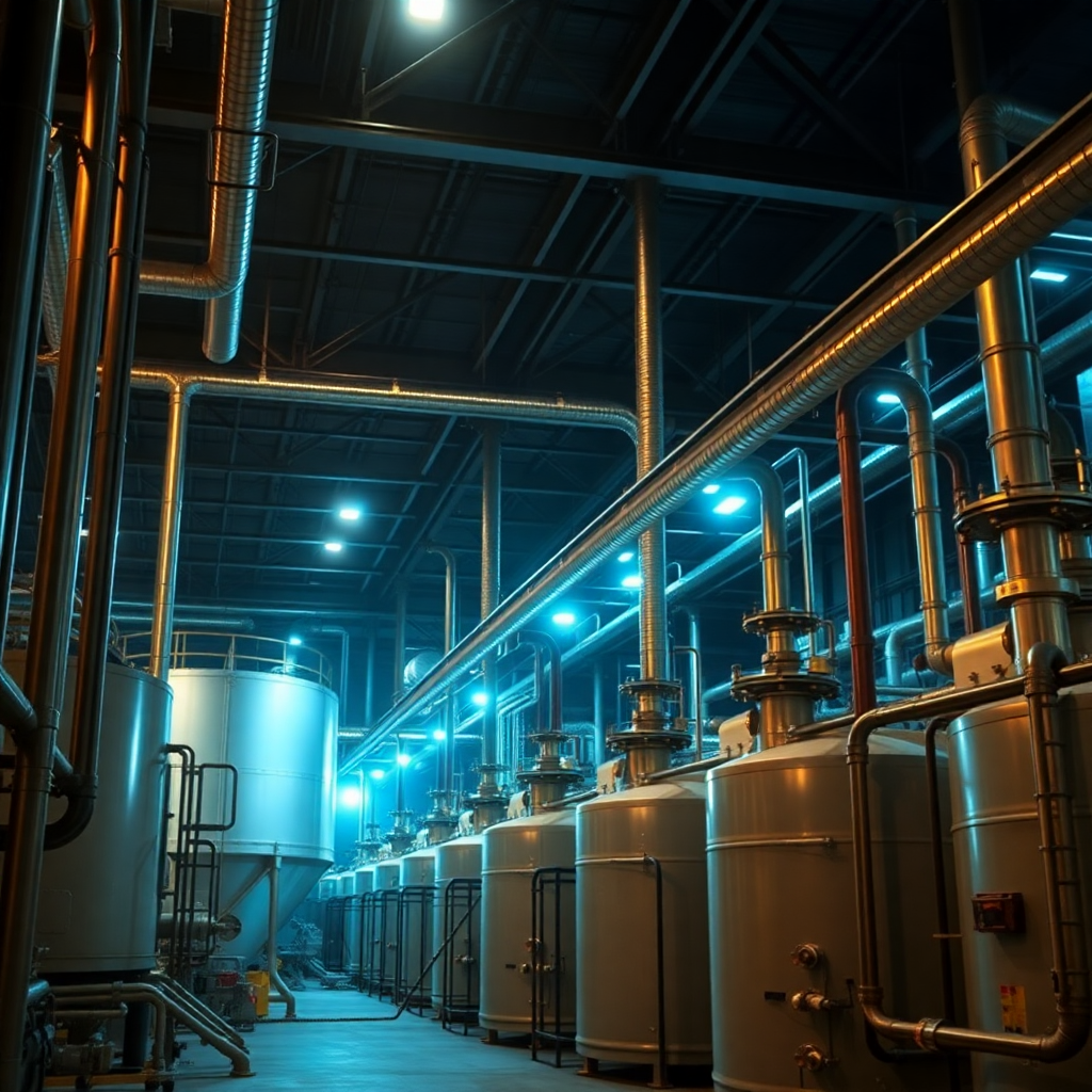 industrial chemical production facility wide angle cinematic dark dramatic lighting pipes tanks modern manufacturing 4k