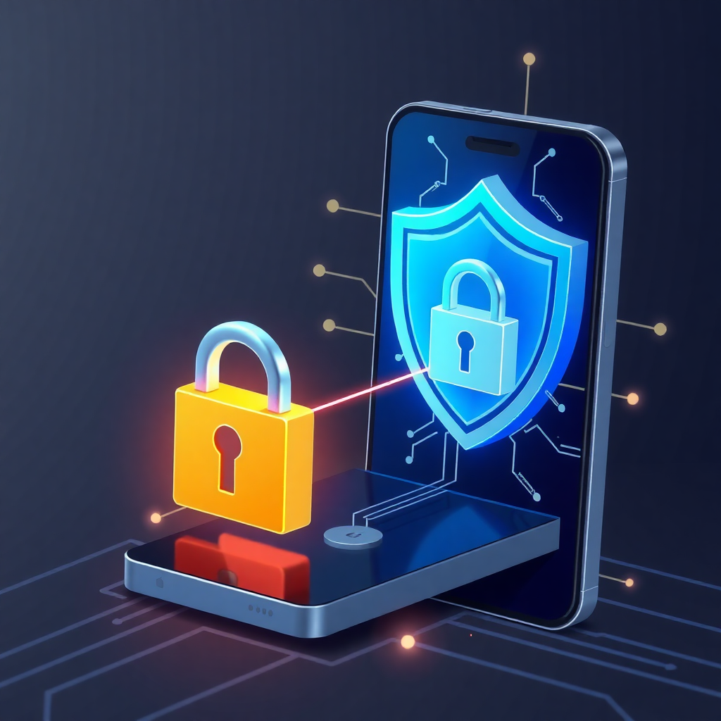 cybersecurity concept for mobile apps, digital security shield, encryption locks, secure data transmission visualization, professional tech illustration