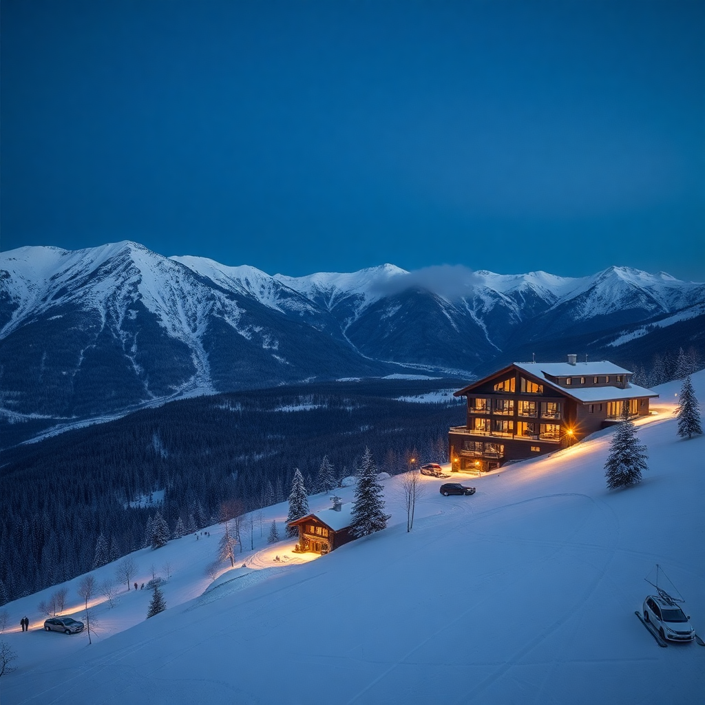 Grandvalira ski slopes Grau Roig sector Andorra aerial view ski-in ski-out luxury boutique hotel mountain winter snow cinematic editorial photography dark champagne gold tones private ski day Pyrenees secluded valley