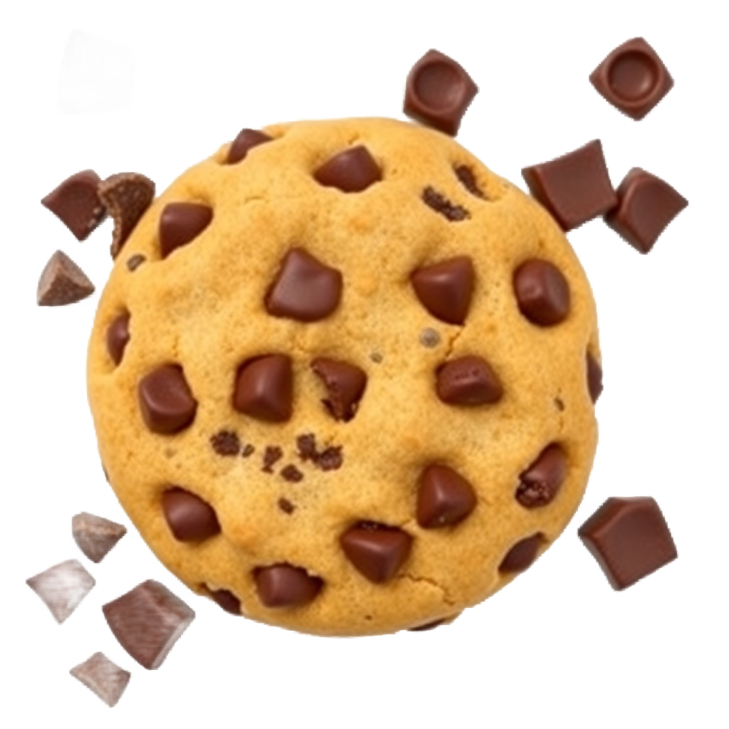 single thick gooey chocolate chip cookie with melting chocolate chunks, top view, isolated on transparent background