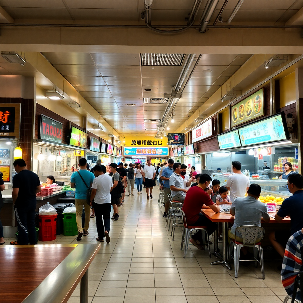 food court with multiple food stalls, busy dining area, commercial food service