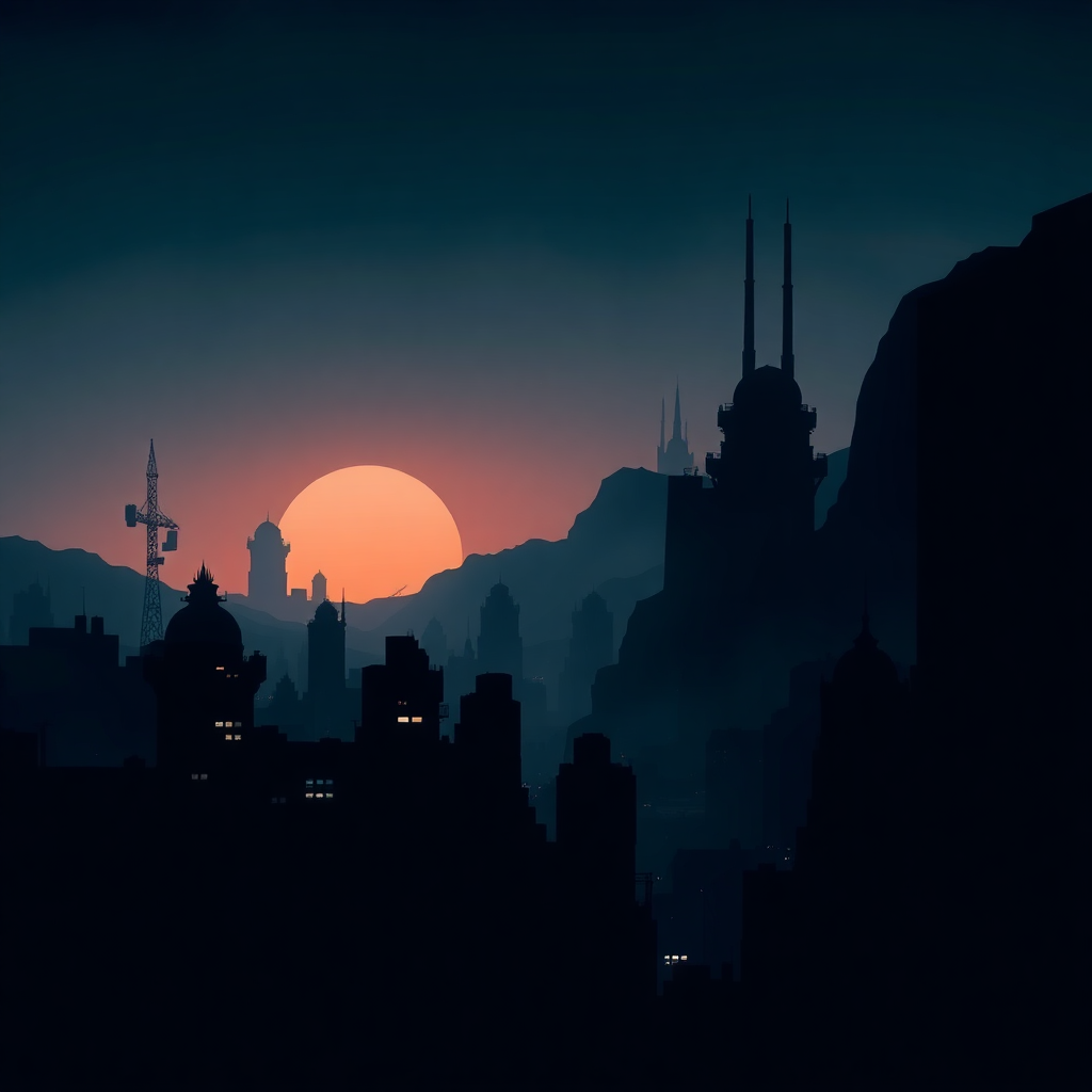 dark futuristic cityscape silhouette movie poster