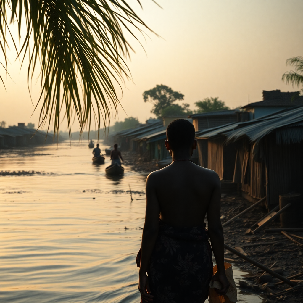 Cinematic wide shot of a riverine community in Lagos at dawn, warm sunlight, documentary style, highly detailed