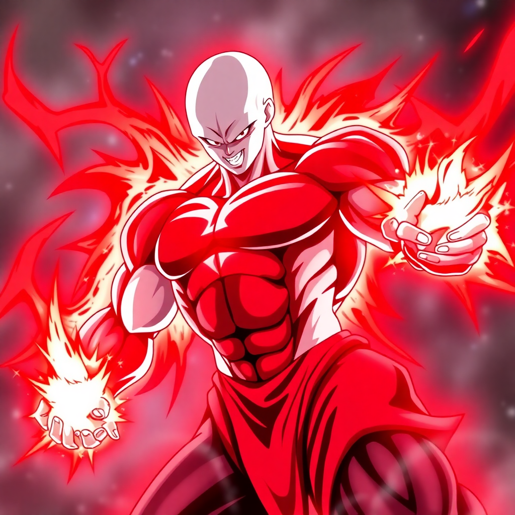 Jiren full power mode with intense red aura and muscular build, Dragon Ball anime style
