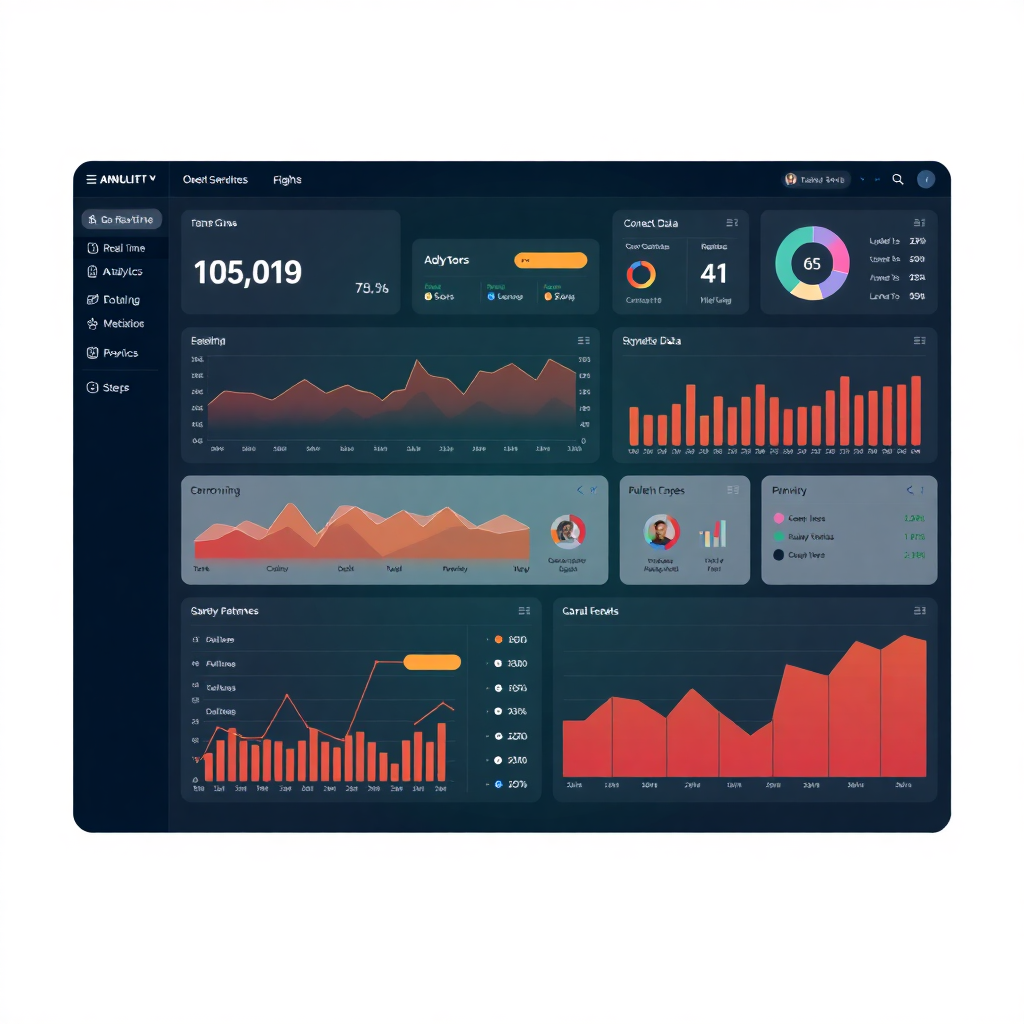 modern analytics dashboard with real-time data visualization, connected data streams, AI-powered insights, clean interface with charts and metrics